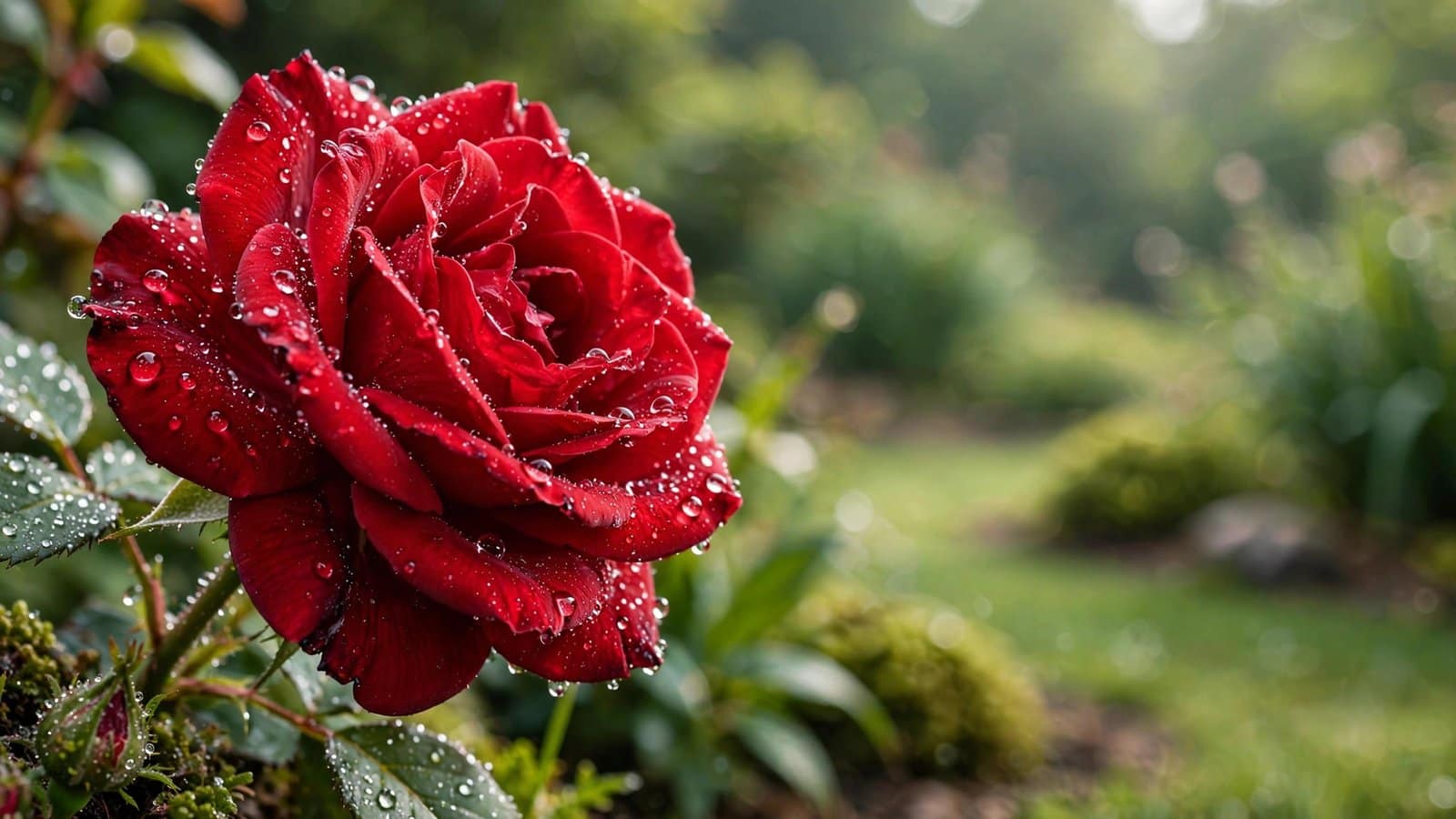 Red Rose Macro with Sparkling Water Drops in a Green Garden