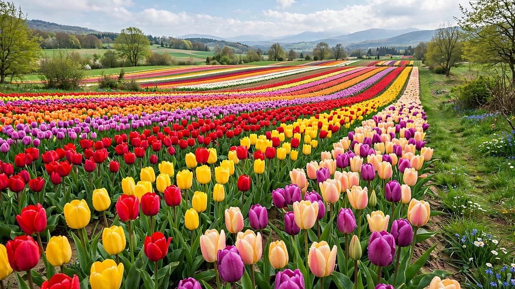 Colorful Tulip Rows in Full Spring Bloom