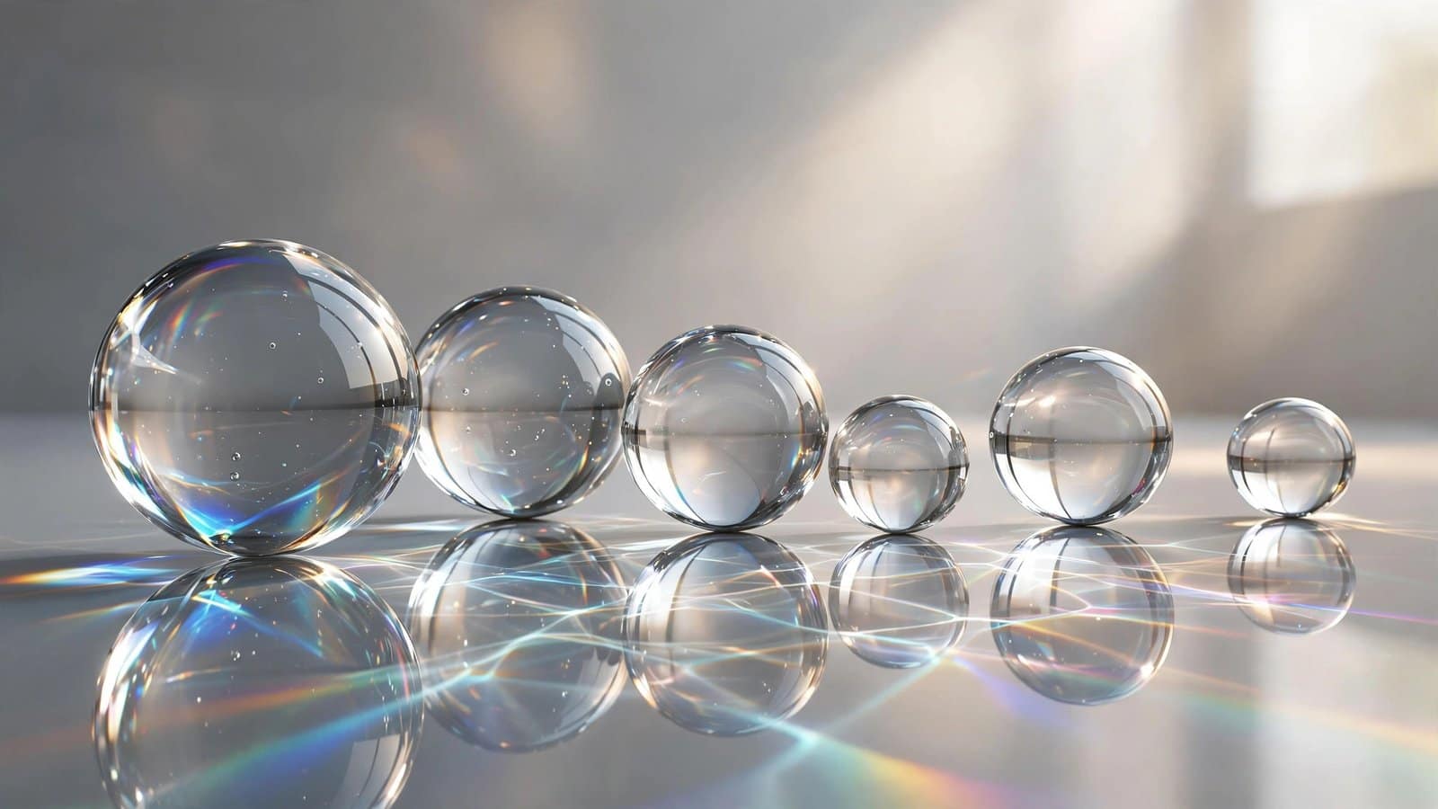 Glossy Glass Spheres 3D Render on a Reflective Surface